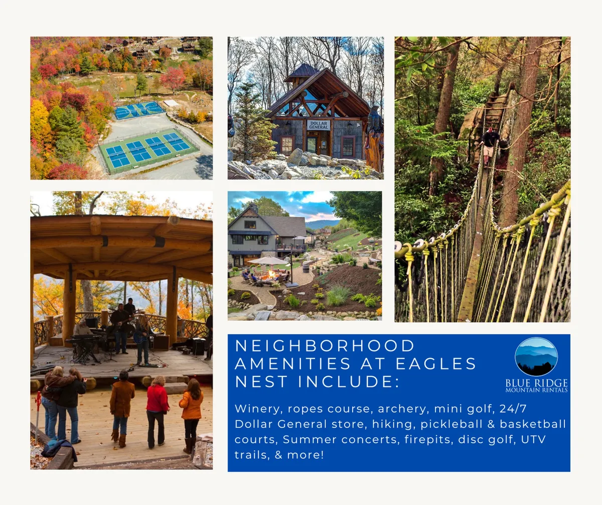 This image captures the outdoor concert stage, a mini golf course, and a luxurious lodge set amid lush greenery and a vineyard. The scene is lively and inviting, showcasing multiple family-friendly activities like summer concerts, mini-golf, and scenic walks.